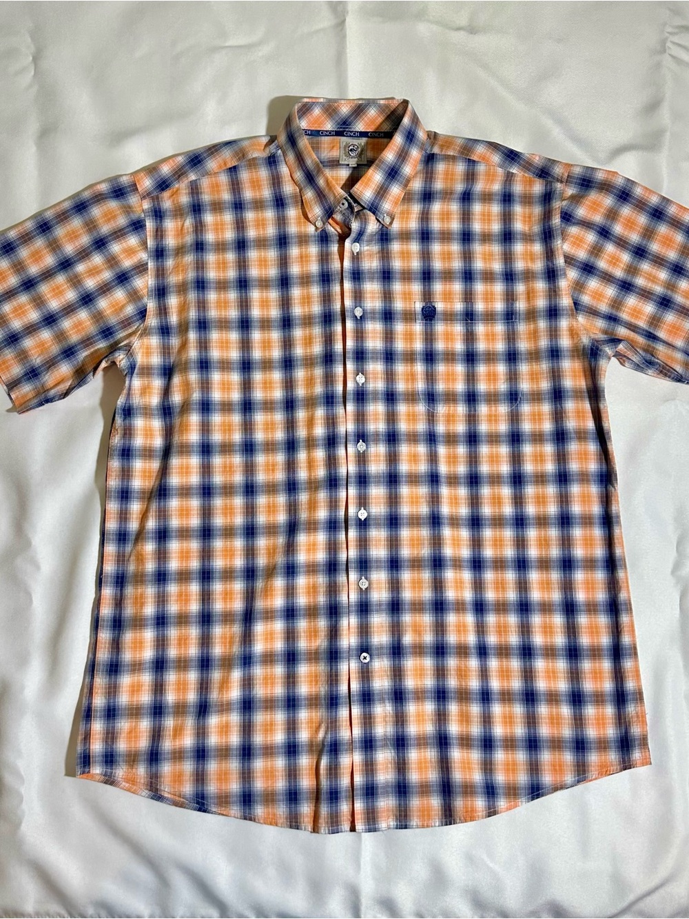 Cinch Orange & Blue Plaid Short Sleeve Button-Down Shirt